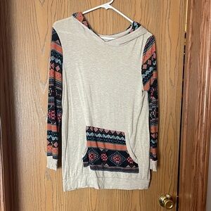 Cozy Cream Hoodie Top with Aztec Patterned Sleeves